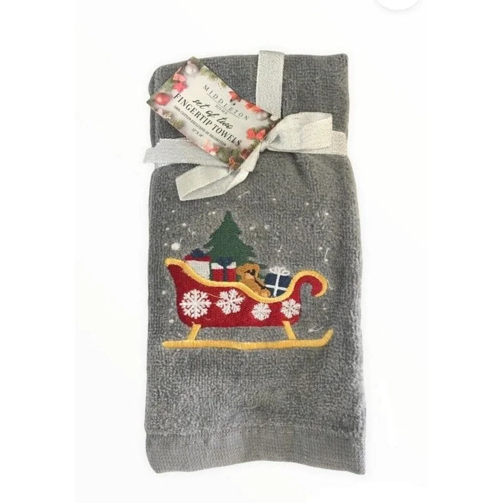 Christmas Tree Fingertip Towels Santa Sleigh Embroidered Guest Holiday Set of 2